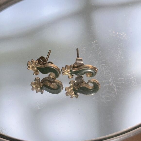 Tiny Green & Gold Tone Seahorse Post Earrings - Picture 2 of 3